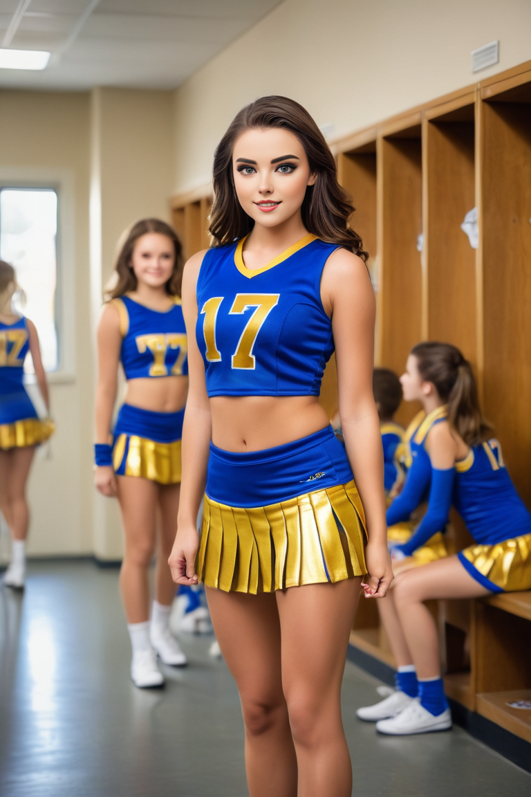 Pete in blue and gold cheerleader uniform with number 17