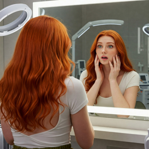 A person with long red hair is seen from behind, looking into a mirror. Their reflection in the mirror shows them facing forward with a surprised expression, hands touching their cheeks. The background includes bright lights and medical or salon equipment.