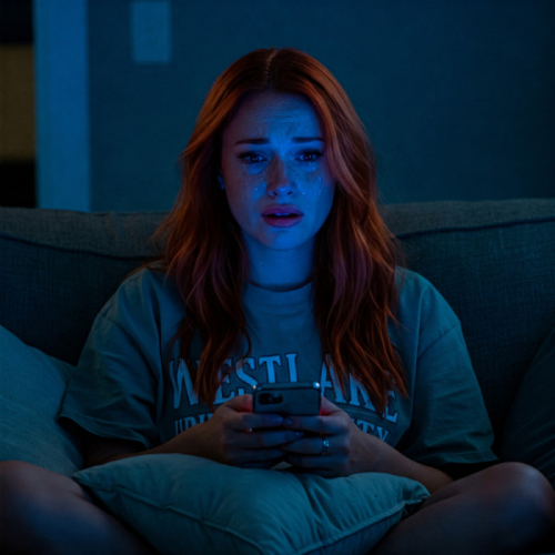 A young woman with red hair sits on a couch in dim blue light, crying while looking at her phone.