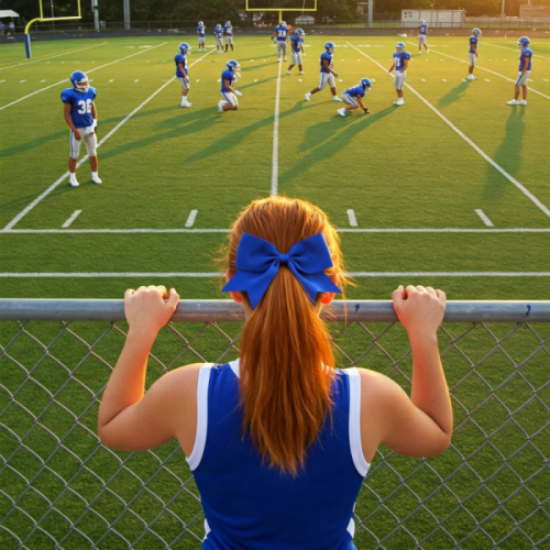 View from behind a person with red hair and a blue bow looking through a fence at a football team practicing on a field.