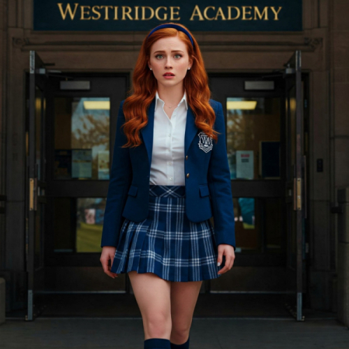 A young woman with red hair in a blue blazer and plaid skirt stands in front of Westridge Academy.