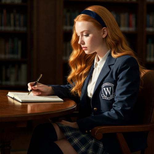 A young woman in a school uniform writes in a notebook at a desk in a library.