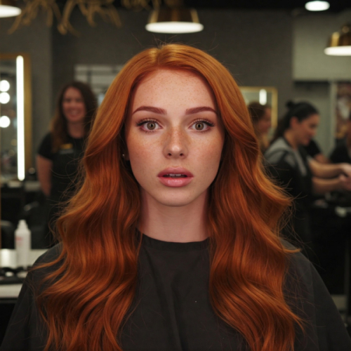 A close-up shot of a young woman with long, wavy red hair and freckles looking directly at the camera in a salon. People are visible in the blurred background.