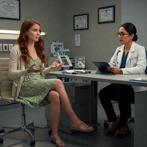 Two women in a medical office setting. One woman with red hair is seated and speaking, while a woman in a white lab coat is seated at a desk looking at a tablet.