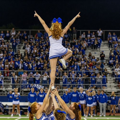 A cheerleader in a white and blue uniform is held aloft by teammates during a football game. Her arms are raised in a V shape and she is looking up. A crowd is visible in the background.