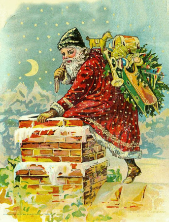 Santa Clause on roof climbing down a chimney Free Vintage Antique Illustration_1.jpeg